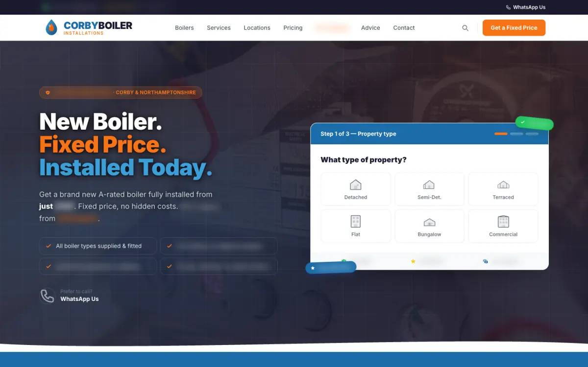 corbyboilers.co.uk homepage on a desktop screen, 26 Sep 2026