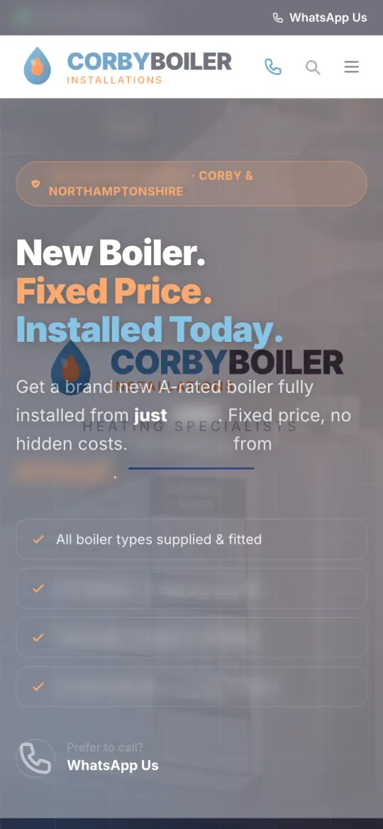 corbyboilers.co.uk homepage on a phone