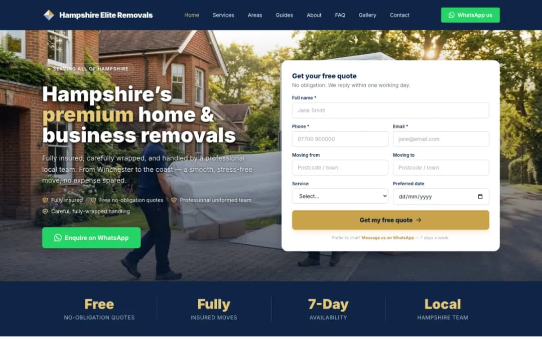 hampshireremovals.co homepage on a desktop screen, 26 Sep 2026