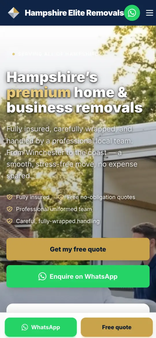 hampshireremovals.co homepage on a phone