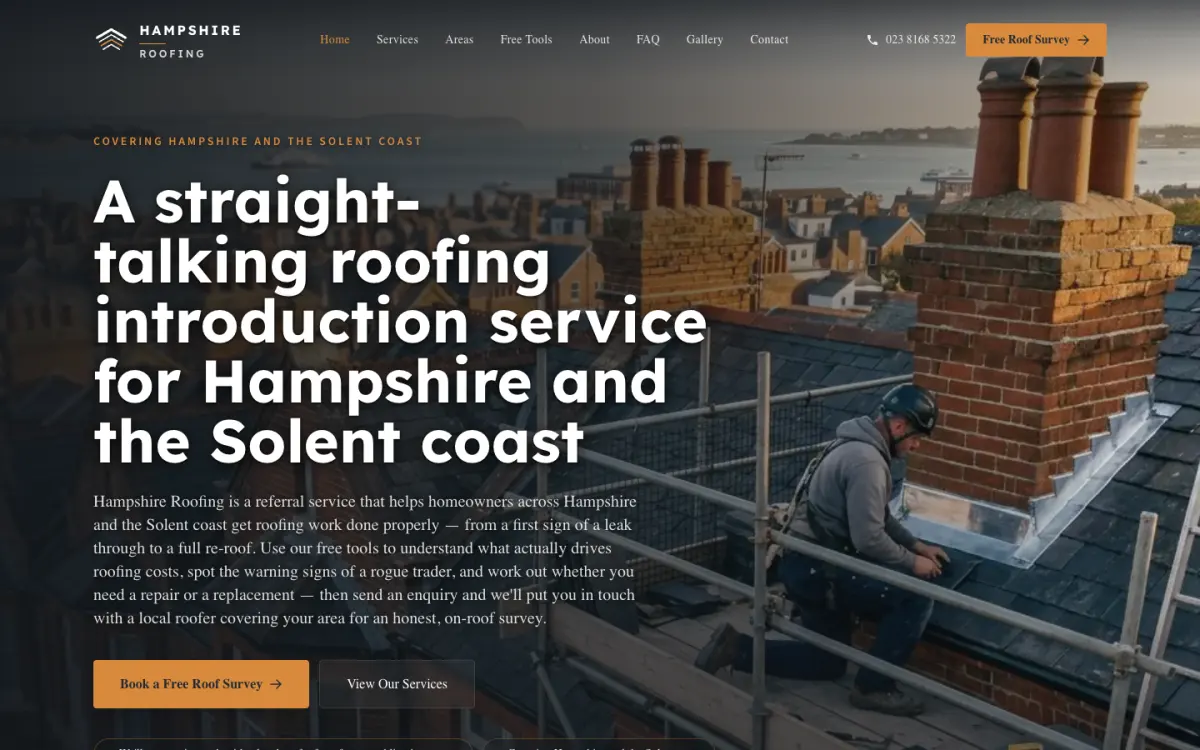 hampshireroofing.co homepage on a desktop screen, 26 Sep 2026