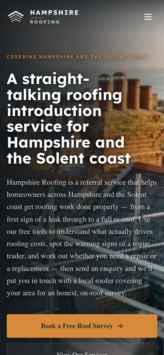 hampshireroofing.co homepage on a phone