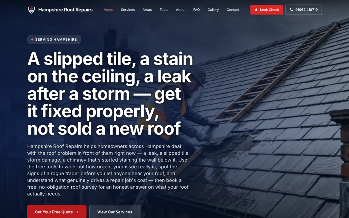 hampshireroofrepairs.com homepage on a desktop screen, 26 Sep 2026