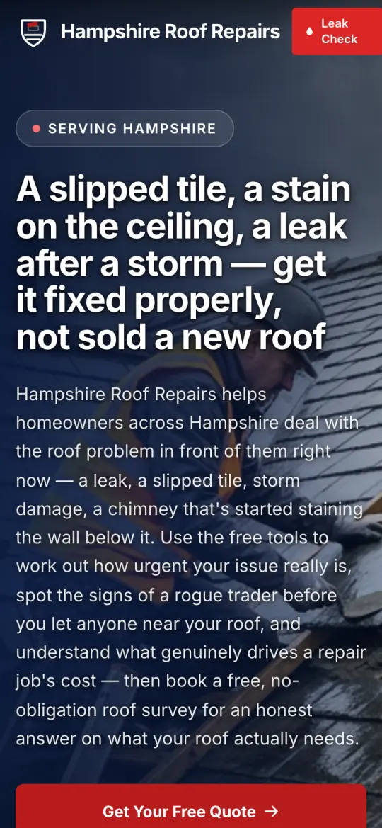 hampshireroofrepairs.com homepage on a phone