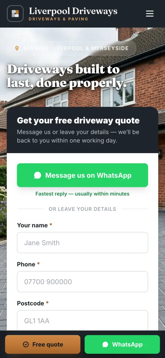 liverpooldriveways.co.uk homepage on a phone