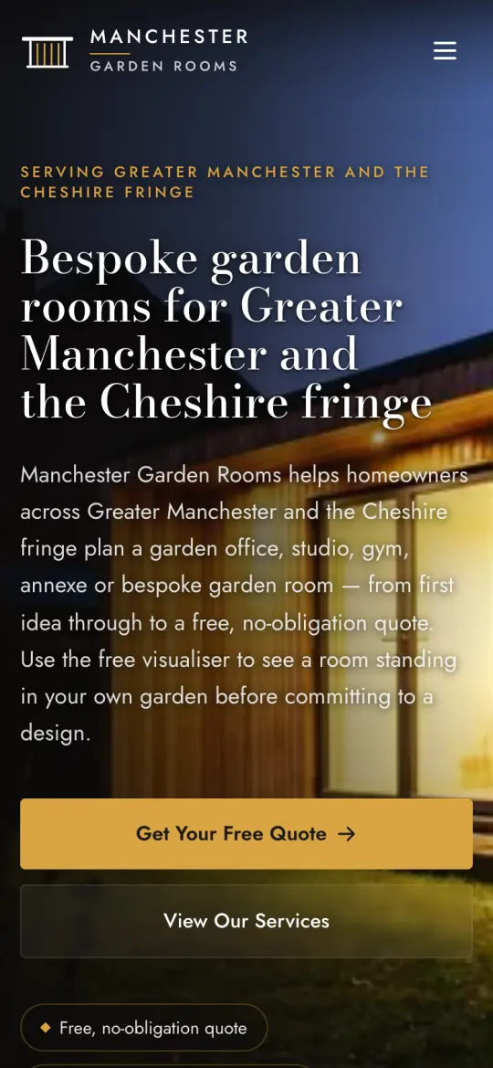 manchestergardenrooms.com homepage on a phone
