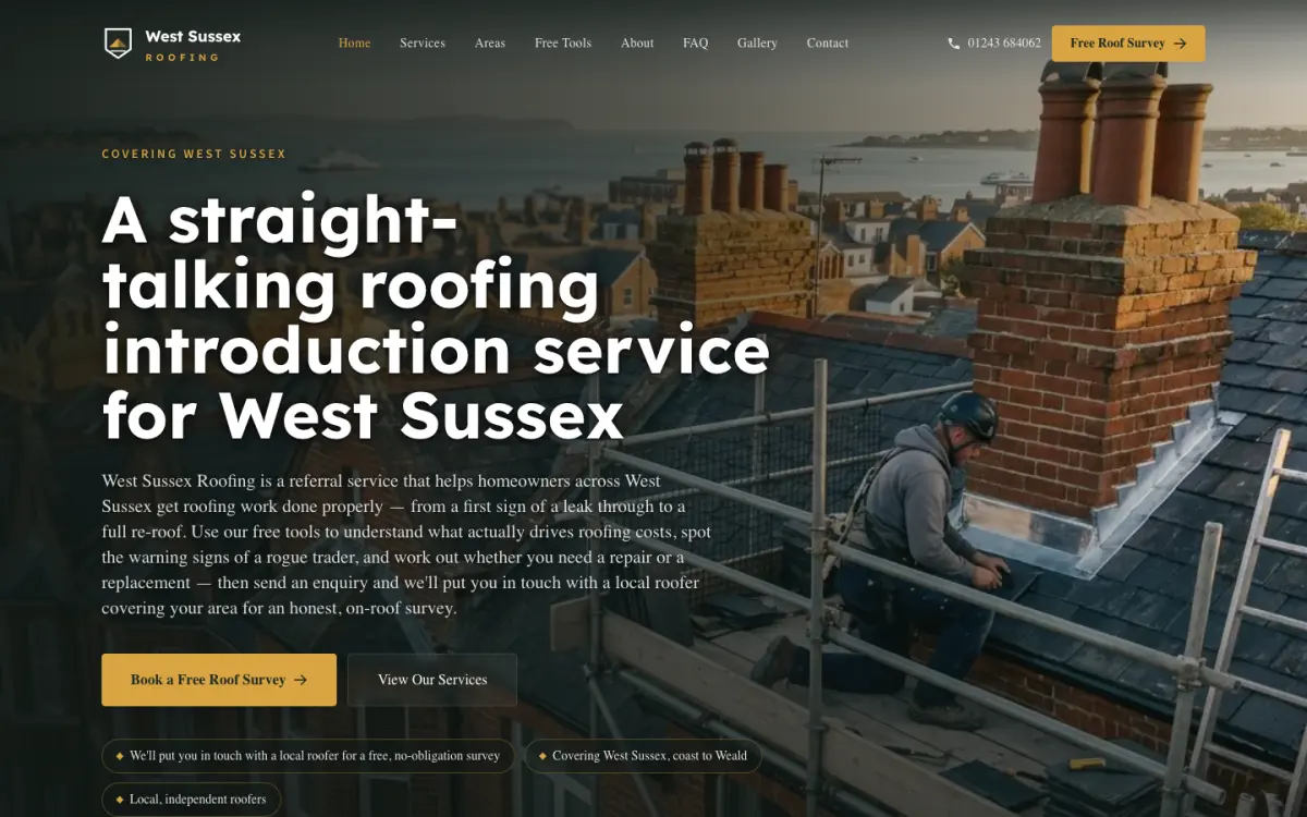 westsussexroofing.co homepage on a desktop screen, 26 Sep 2026