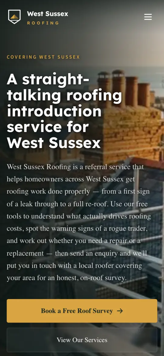 westsussexroofing.co homepage on a phone