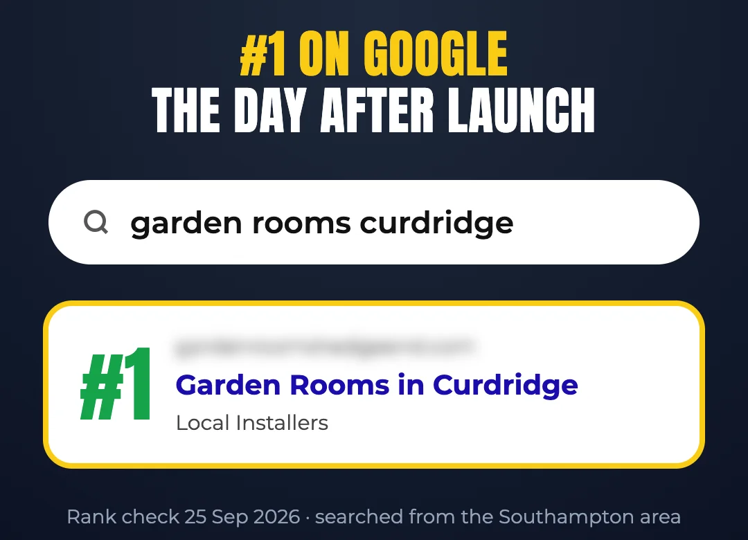 Google result: #1 for “garden rooms curdridge”, rank check 25 Sep 2026, searched from the Southampton area (web address blurred)