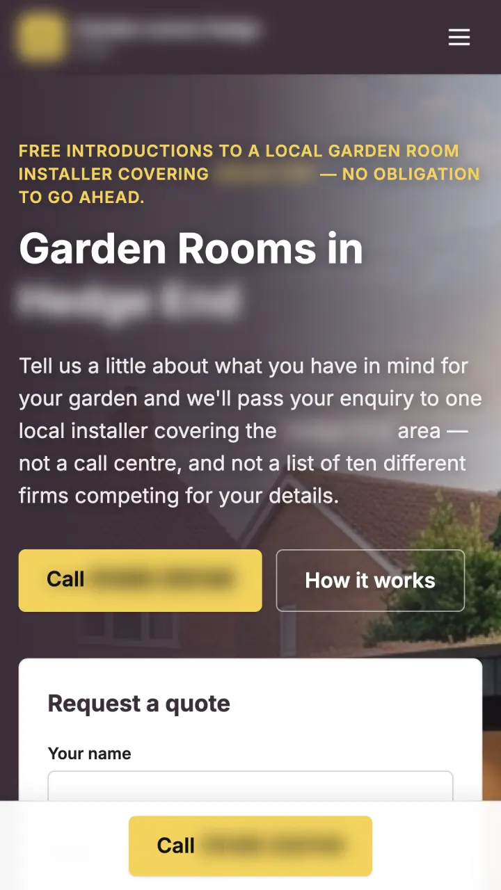 Mobile homepage of one of our live local sites (names and numbers blurred) — garden rooms