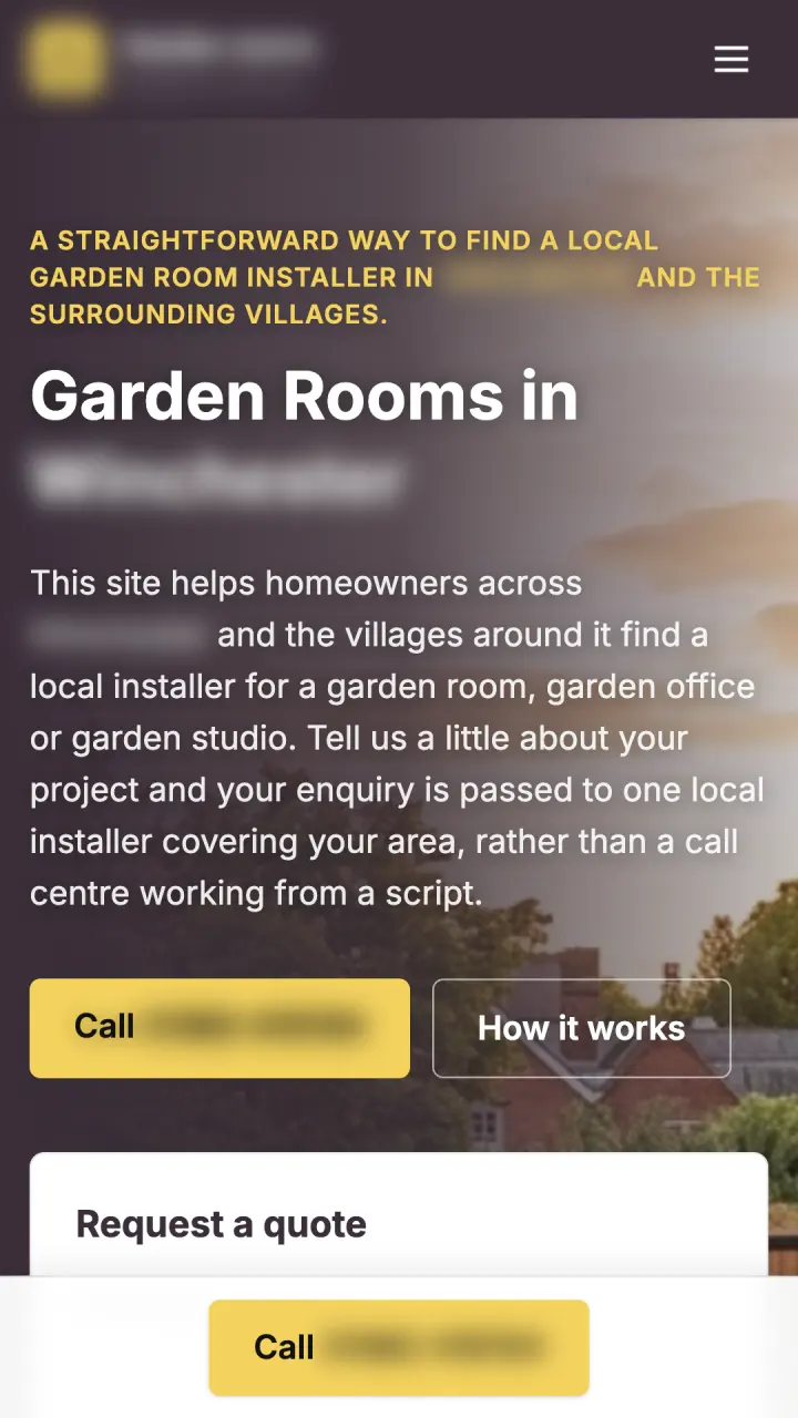 Mobile homepage of one of our live local sites (names and numbers blurred) — garden rooms