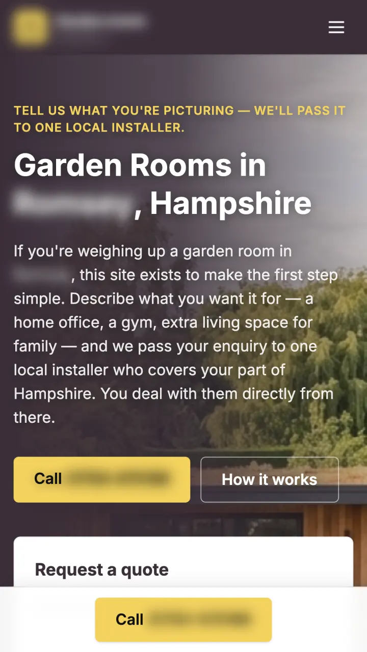 Mobile homepage of one of our live local sites (names and numbers blurred) — garden rooms