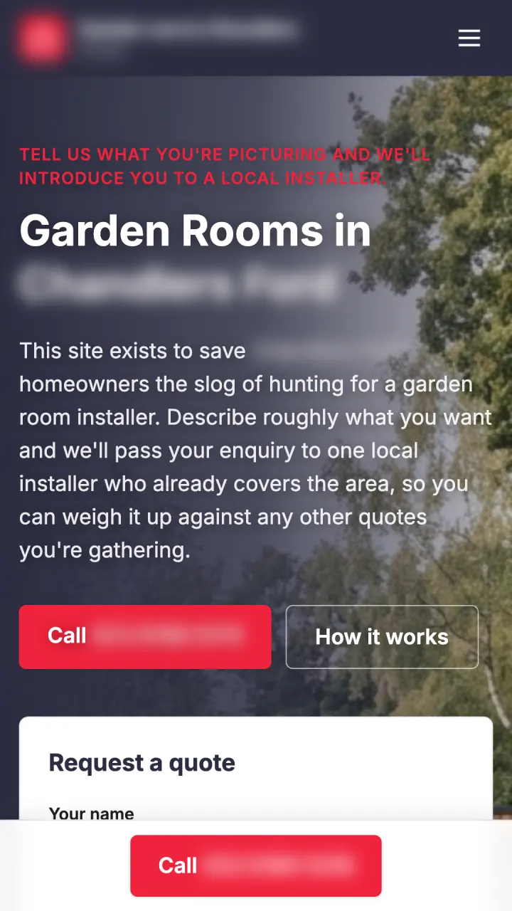 Mobile homepage of one of our live local sites (names and numbers blurred) — garden rooms