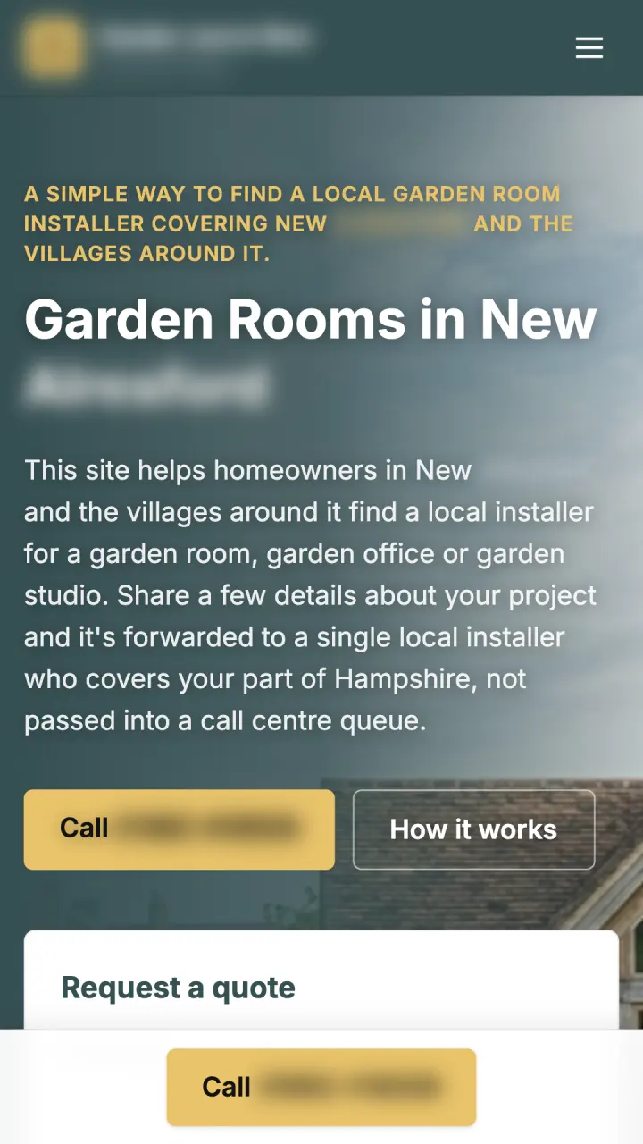 Mobile homepage of one of our live local sites (names and numbers blurred) — garden rooms