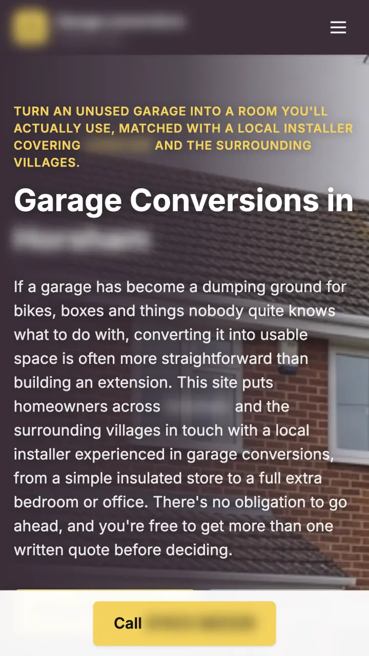 Mobile homepage of one of our live local sites (names and numbers blurred) — garage conversions