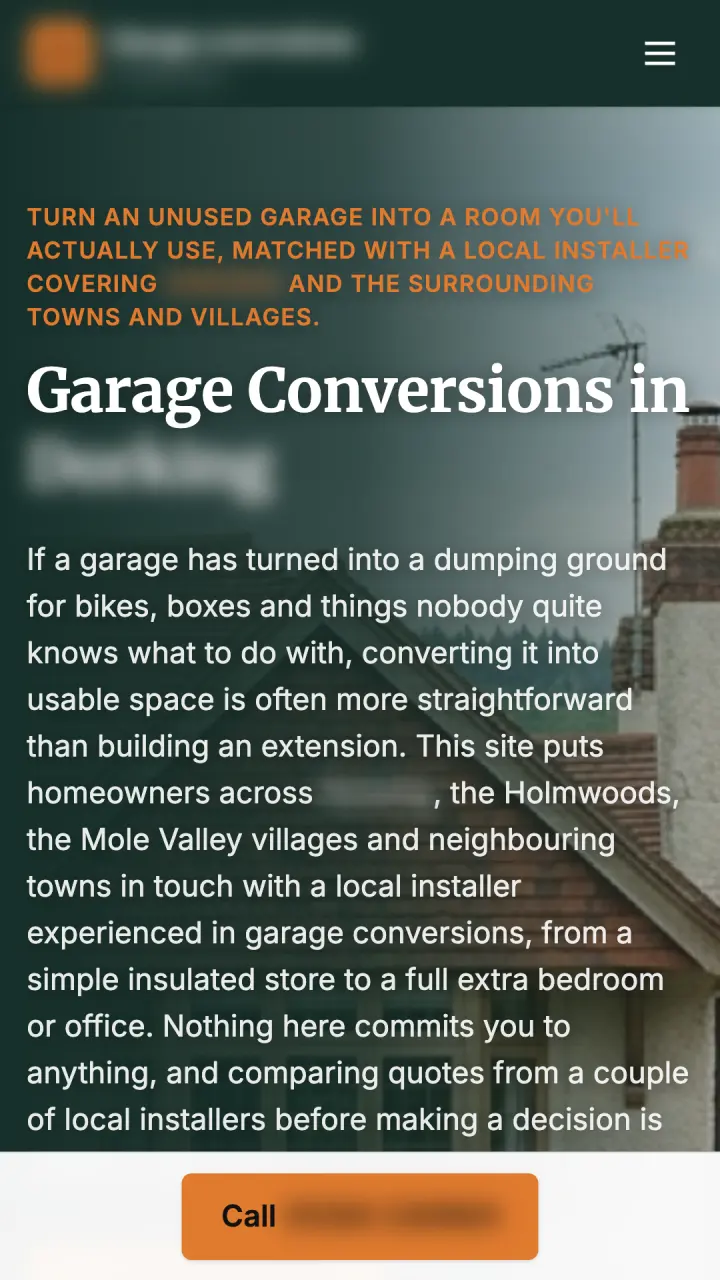 Mobile homepage of one of our live local sites (names and numbers blurred) — garage conversions