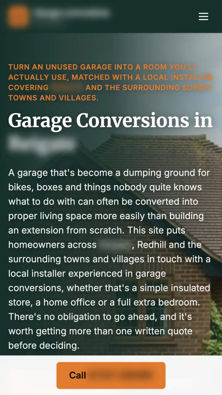 Mobile homepage of one of our live local sites (names and numbers blurred) — garage conversions