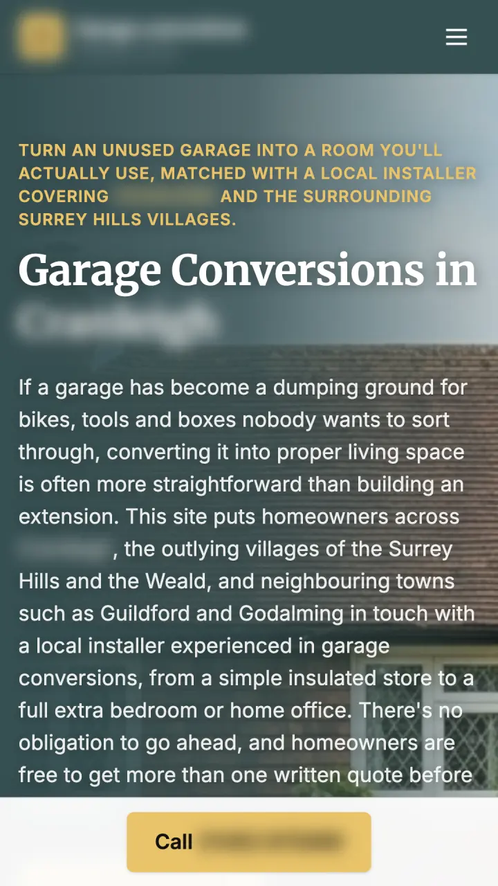 Mobile homepage of one of our live local sites (names and numbers blurred) — garage conversions