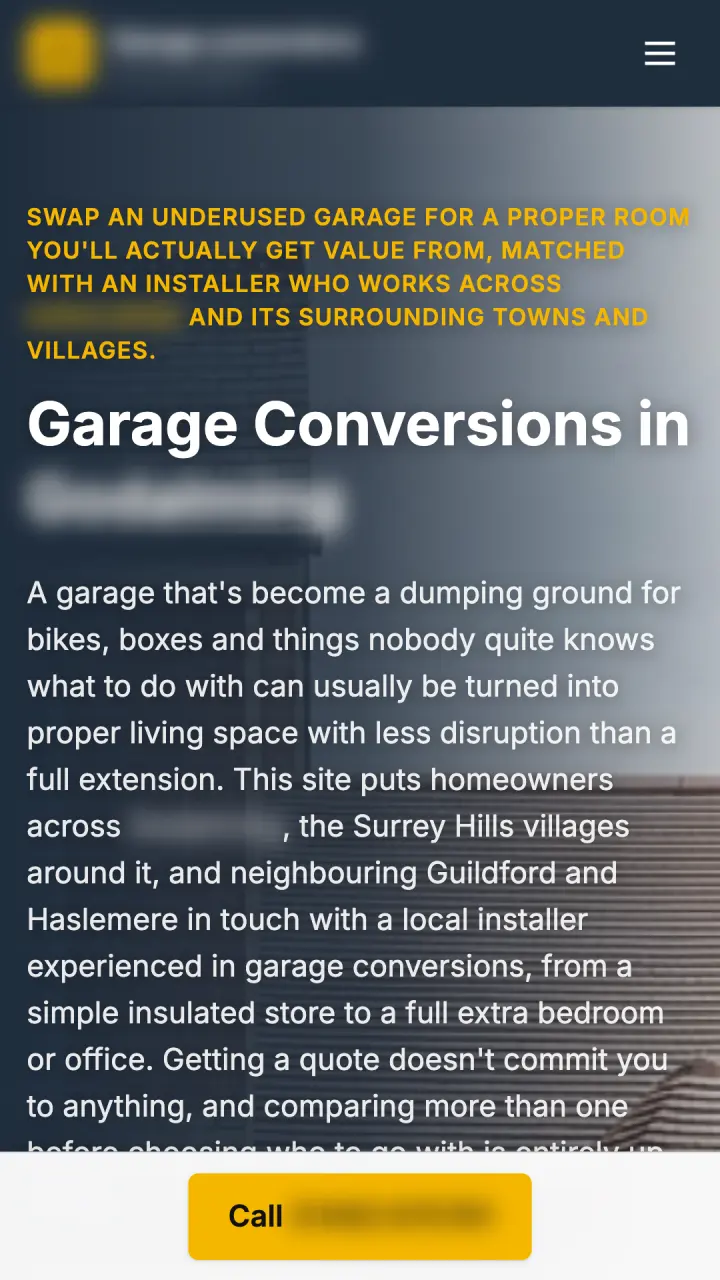 Mobile homepage of one of our live local sites (names and numbers blurred) — garage conversions